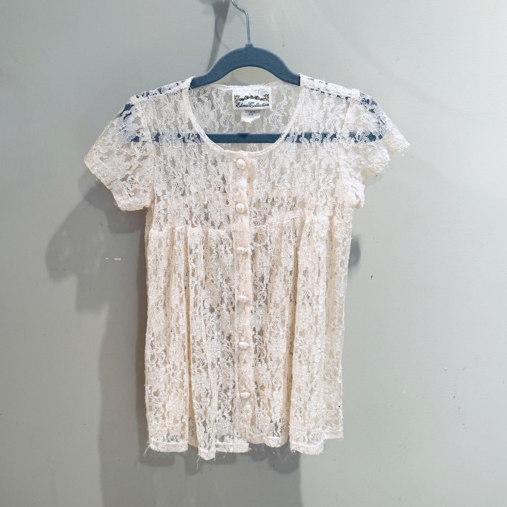 Vintage Elena Collection Lace Top Button Front Short Sleeve Shirt Kids Size 3-4